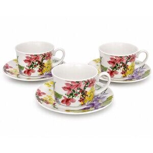 Savoir Vivre Meadow Splendor Flat Cup & Saucer Set Oven To Table Set of 3 YA053